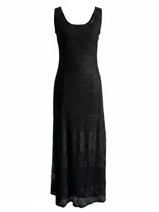 Vintage Dresses & Skirts - 🇨🇦 Vintage Sophisticate Black Crochet Knit Maxi Dress Goth Witchy Boho size 8